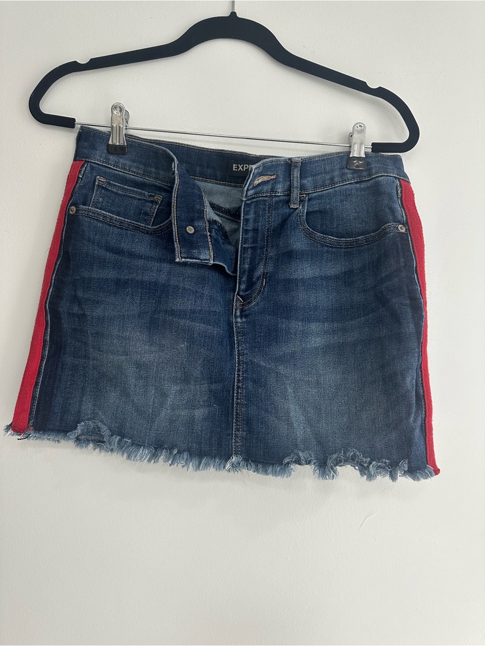 Express Dark Blue Denim Mini Skirt with Red Side Panels